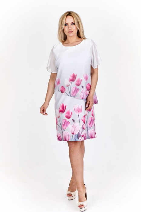Rochie alba eleganta cu blazer cu imprimeu floral roz