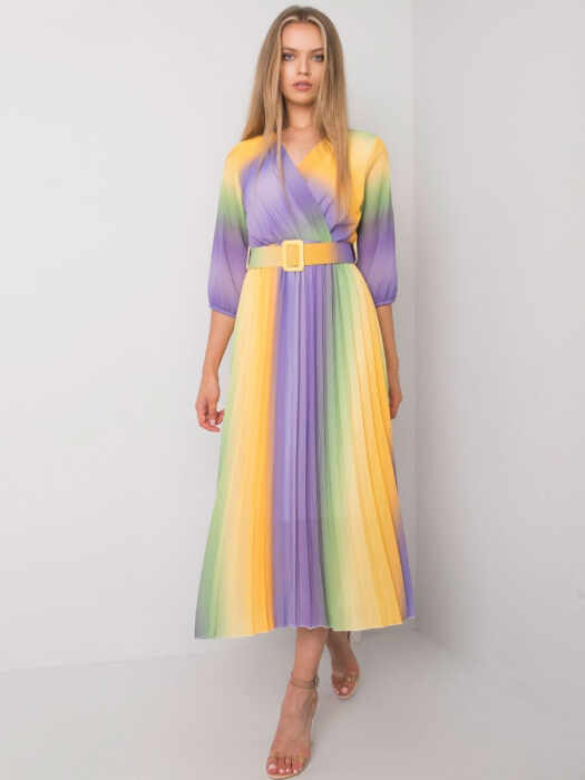 Rochie plisata eleganta curcubeu multicolor galben-mov