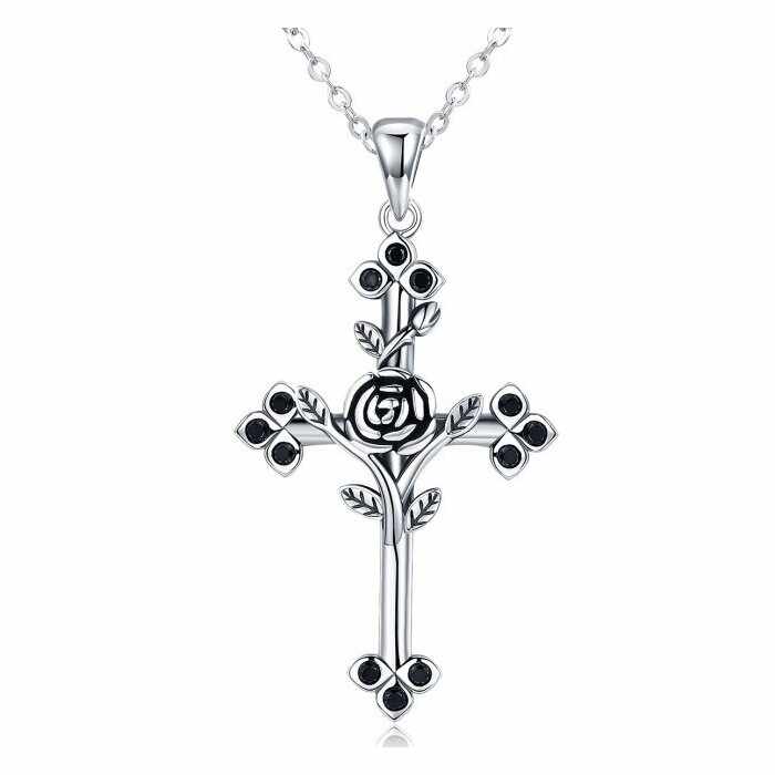 Colier din argint cu Cruce si Cristale Negre