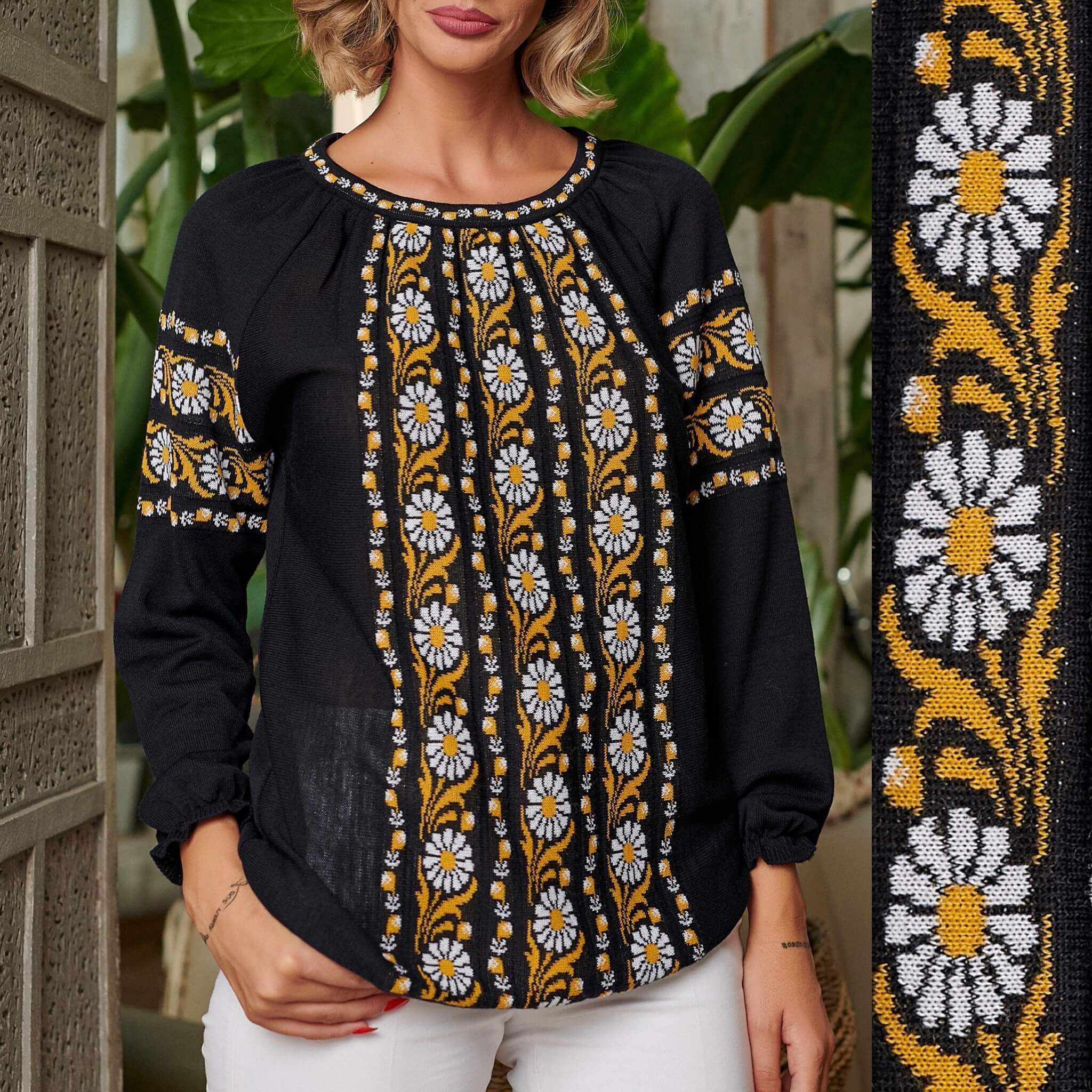 Bluza Nationala din tricot cu model stilizat traditional - Clara neagra