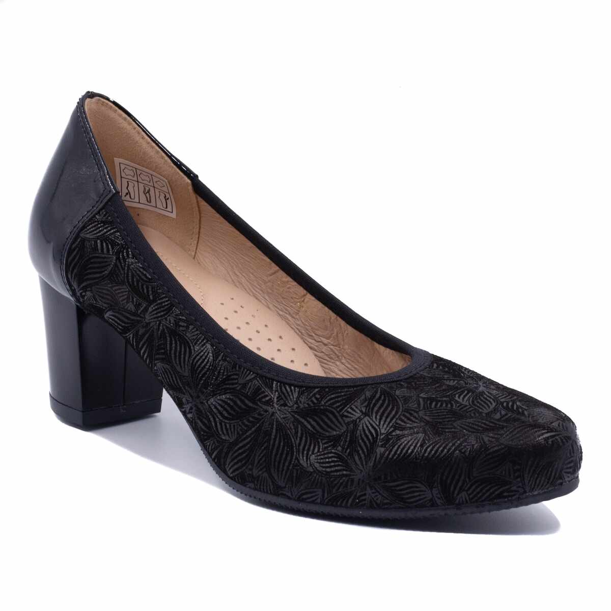 Pantofi eleganti dama, Beatrixx, din piele naturala velour cu imprimeu flori, culoare negru