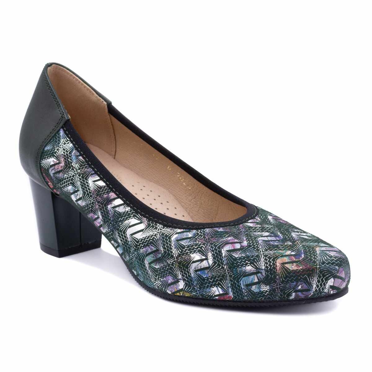 Pantofi eleganti dama, Beatrixx, din piele naturala imprimata cu motive colorate, culoare verde, cod AF-372