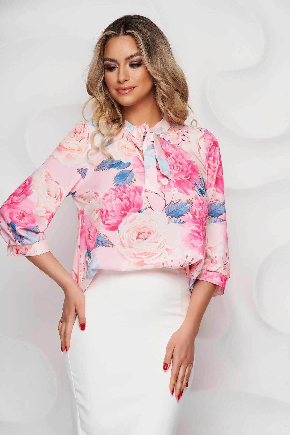 Bluza dama StarShinerS office asimetrica din material usor elastic cu imprimeu floral unic
