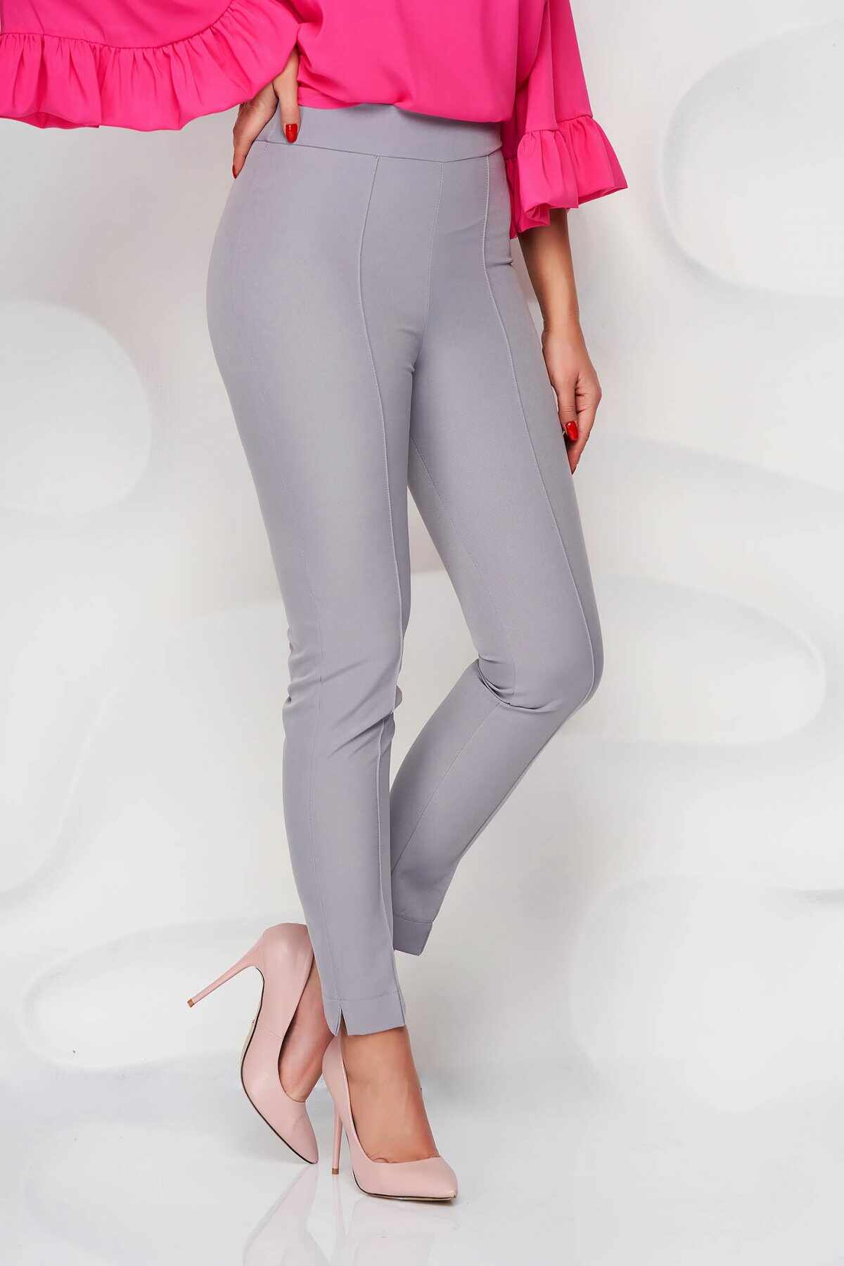 Pantaloni StarShinerS gri office conici din material usor elastic cu talie inalta