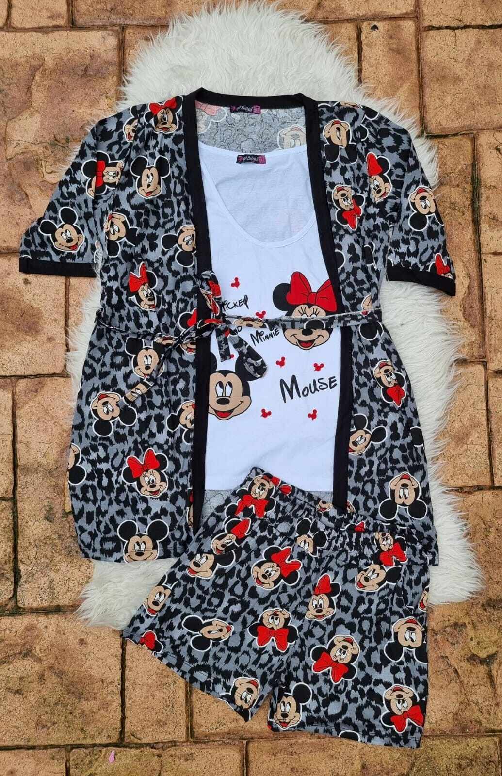 Pijama dama 3 piese Minnie si Mickey Leopard Gri